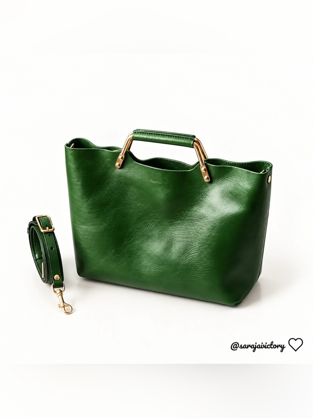 Green Leather- style Tote Bag with Gold Hardware
